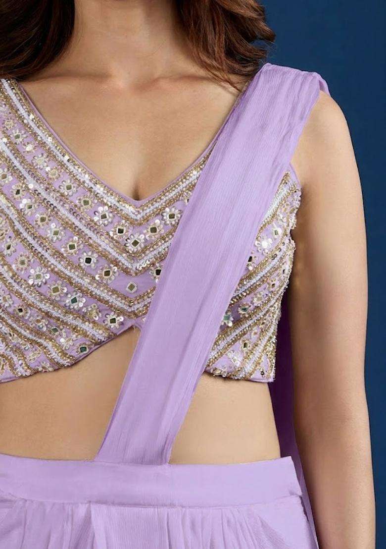 Lavender Hand Work Chinon Pre Draped Saree Set - Indya