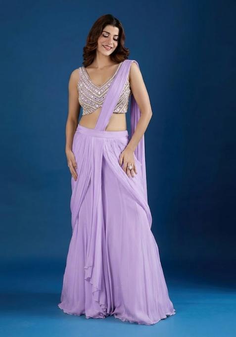 Lavender Hand Work Chinon Pre Draped Saree Set