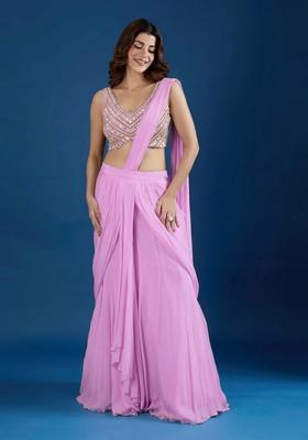 Baby Pink Hand Work Chinon Pre Draped Saree Set