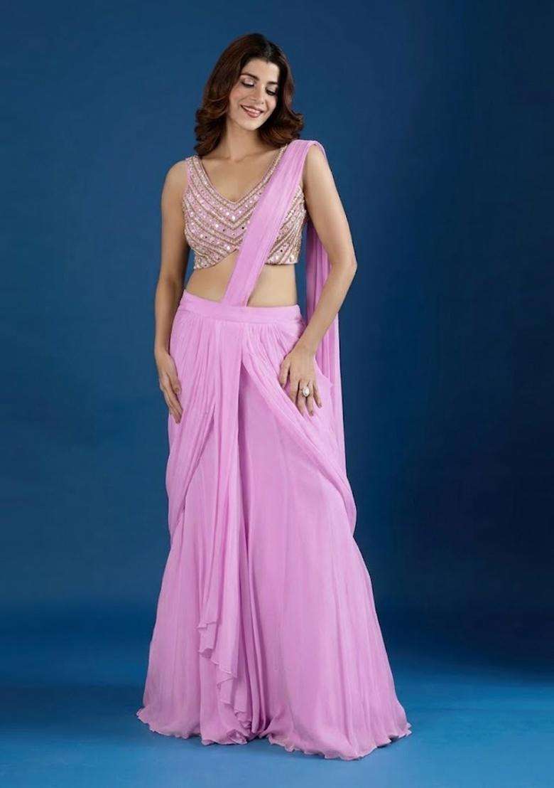 Baby Pink Hand Work Chinon Pre Draped Saree Set - Indya