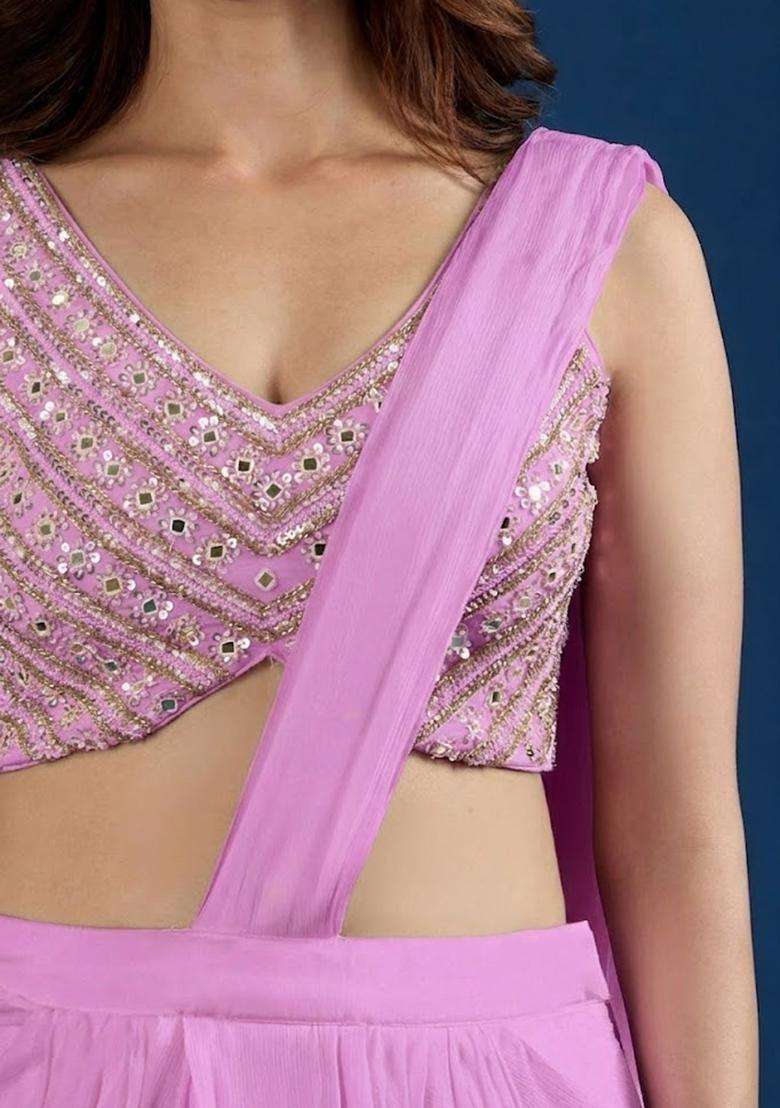 Baby Pink Hand Work Chinon Pre Draped Saree Set - Indya