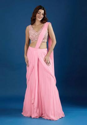 Soft Pink Hand Work Chinon Pre Draped Saree Set