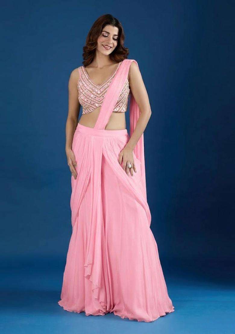 Soft Pink Hand Work Chinon Pre Draped Saree Set - Indya