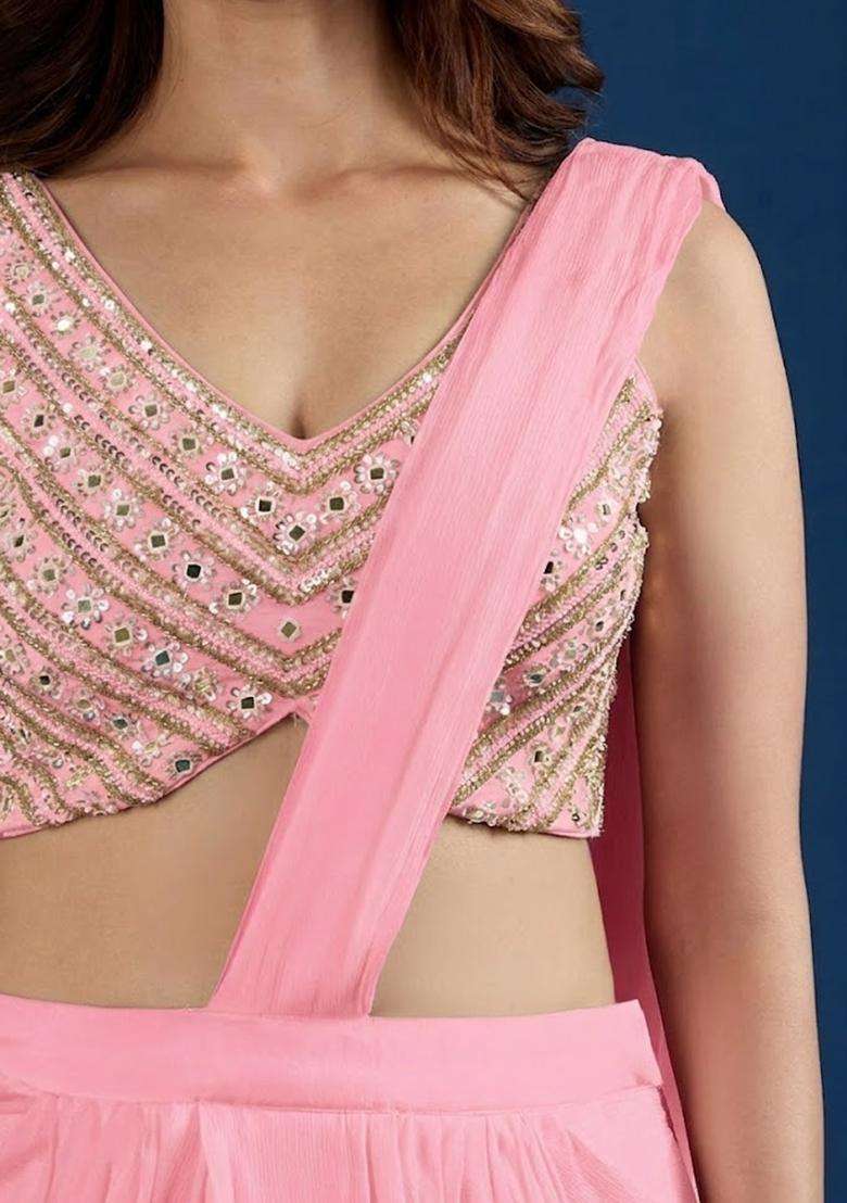 Soft Pink Hand Work Chinon Pre Draped Saree Set - Indya