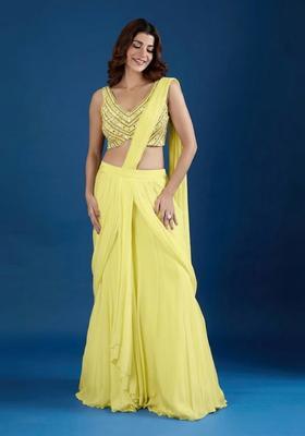 Lemon Yellow Hand Work Chinon Pre Draped Saree Set
