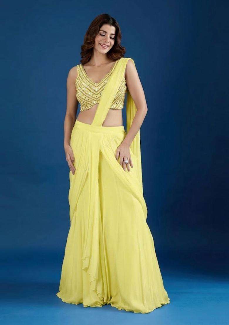 Lemon Yellow Hand Work Chinon Pre Draped Saree Set - Indya