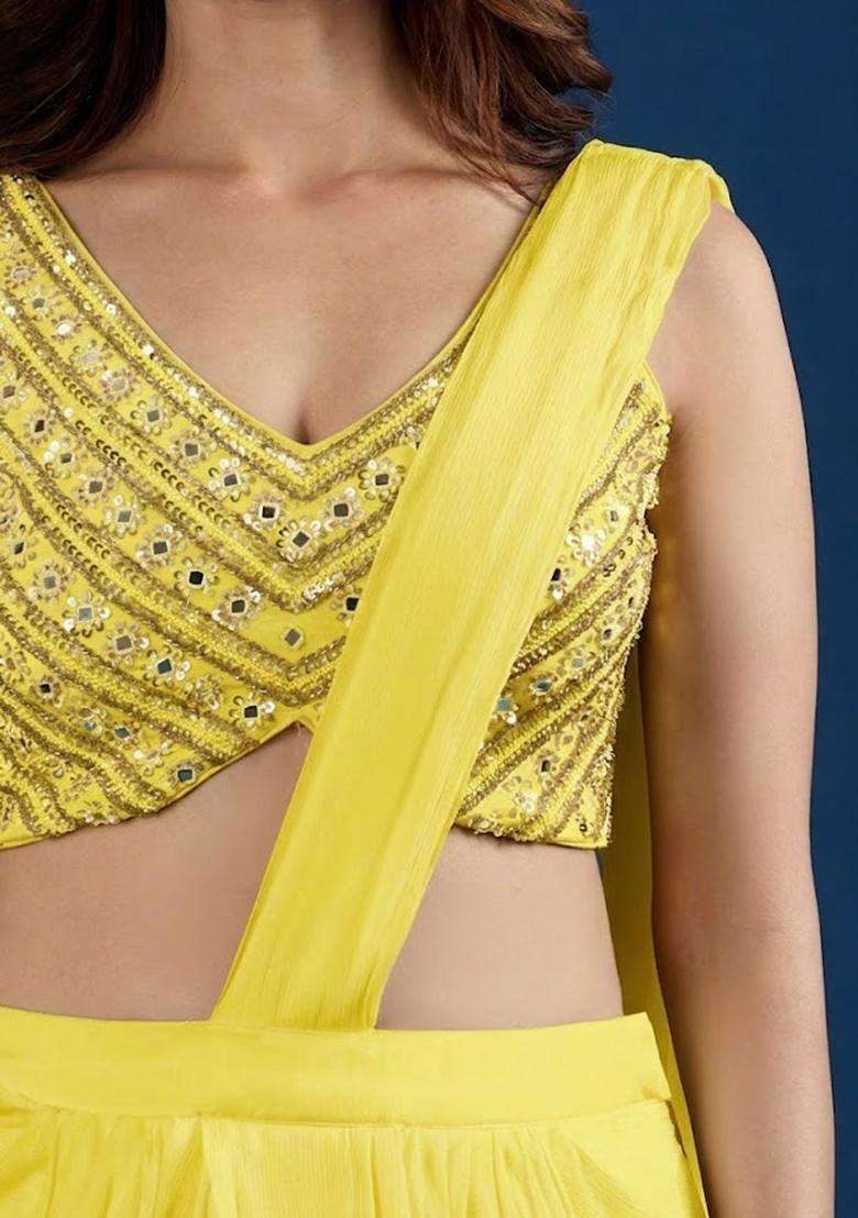 Lemon Yellow Hand Work Chinon Pre Draped Saree Set - Indya