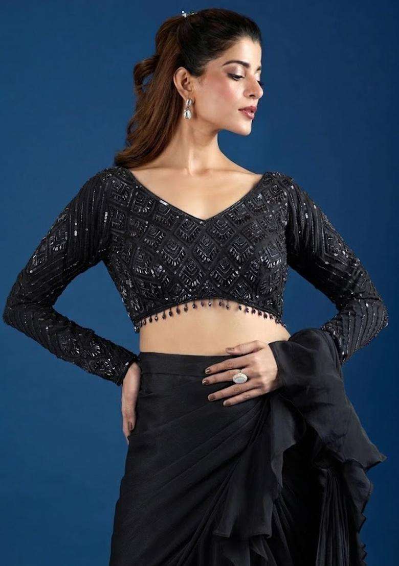 Black Hand Work Chinon Pre Draped Saree Set - Indya