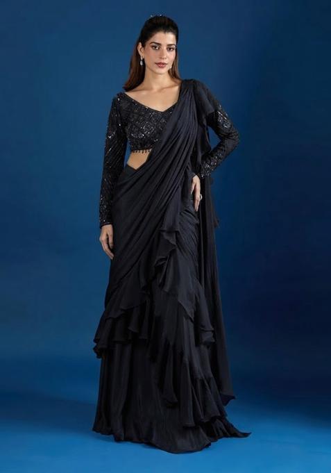 Black Hand Work Chinon Pre Draped Saree Set