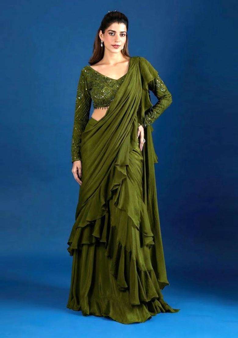Olive Green Hand Work Chinon Pre Draped Saree Set - Indya