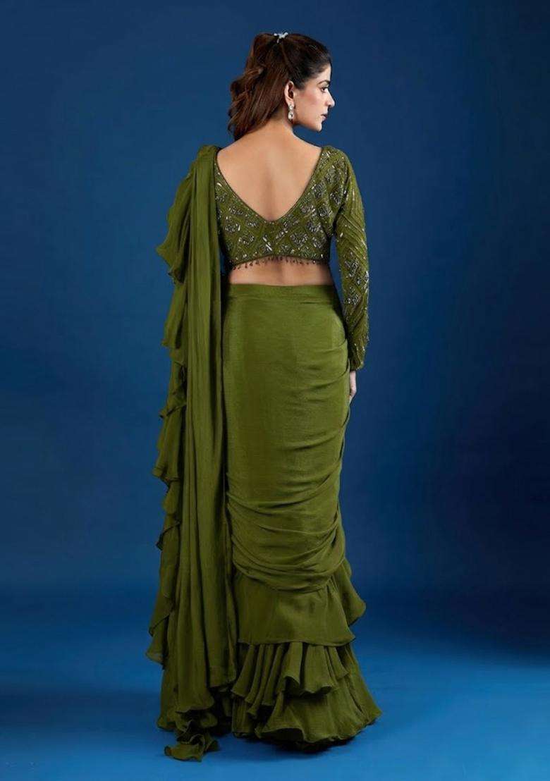 Olive Green Hand Work Chinon Pre Draped Saree Set - Indya