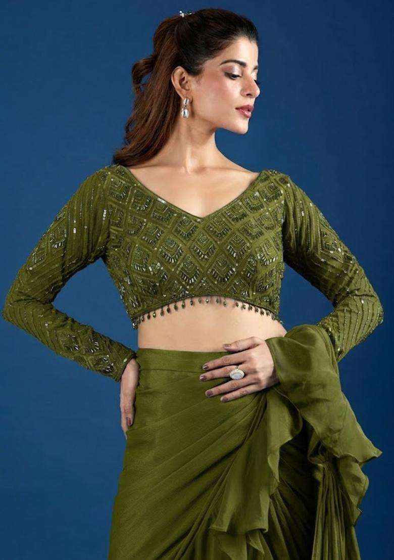 Olive Green Hand Work Chinon Pre Draped Saree Set - Indya