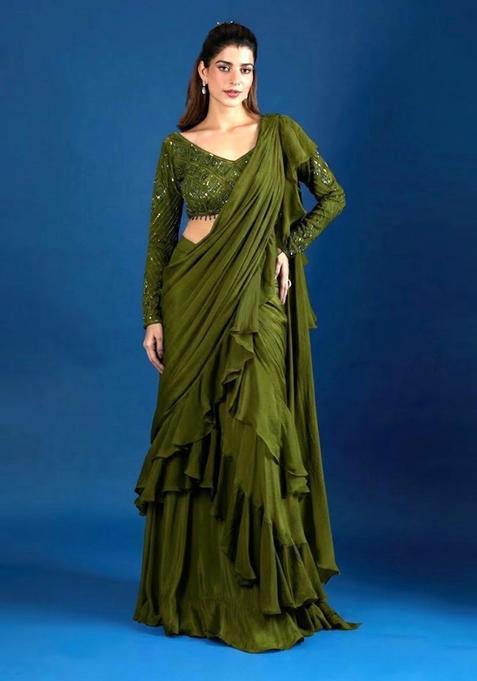 Olive Green Hand Work Chinon Pre Draped Saree Set