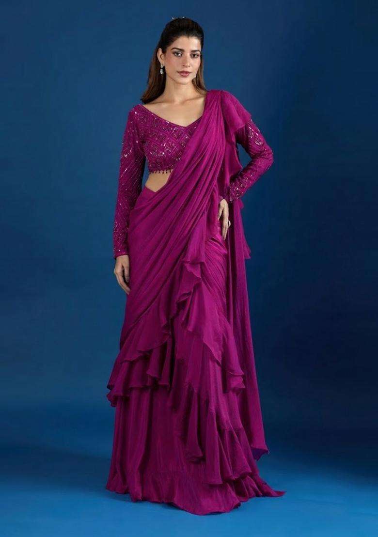 Magenta Hand Work Chinon Pre Draped Saree Set - Indya