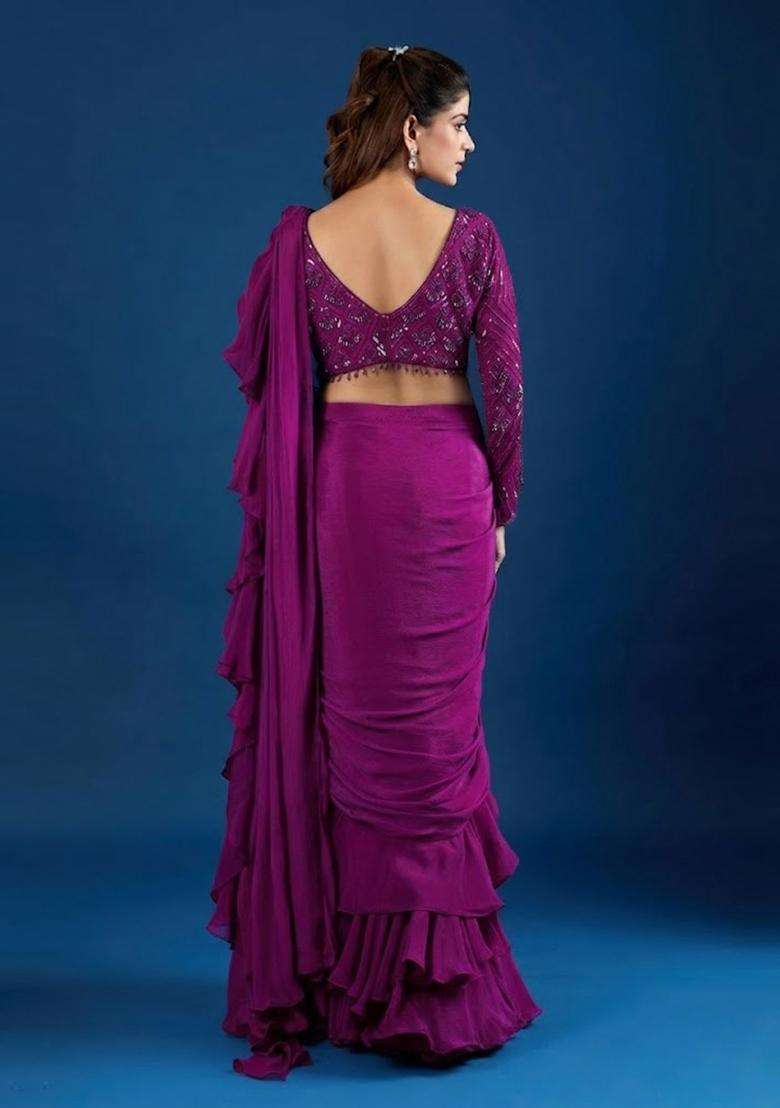Magenta Hand Work Chinon Pre Draped Saree Set - Indya
