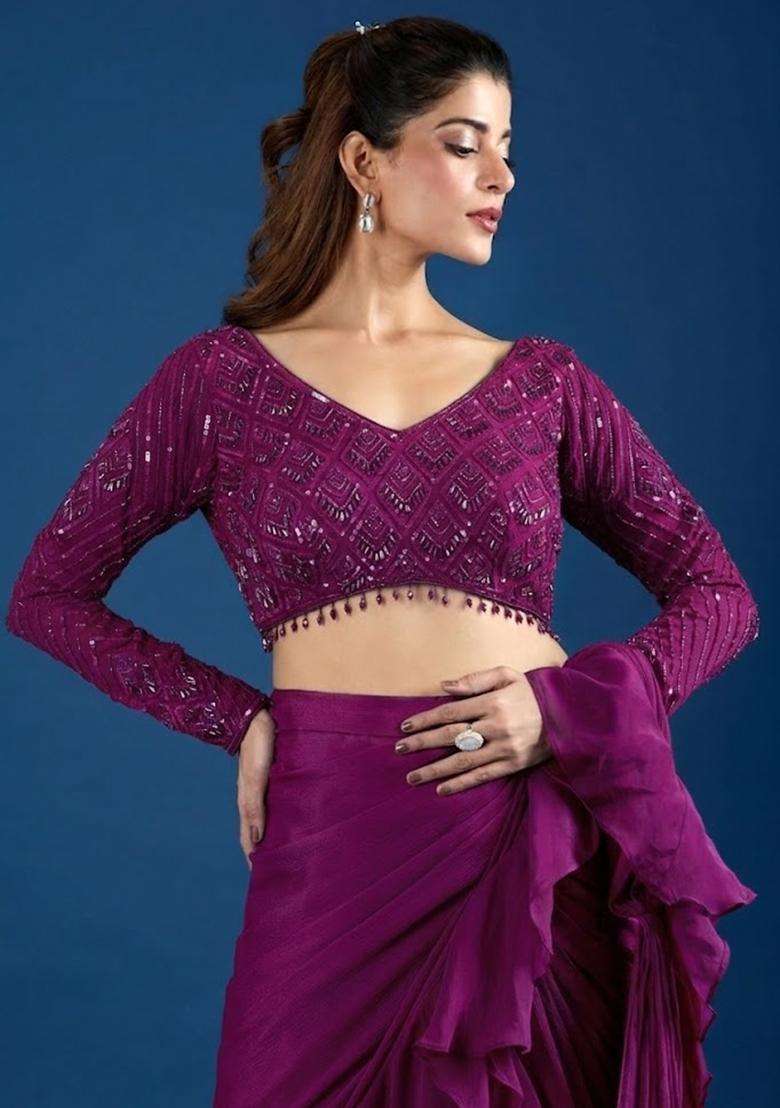 Magenta Hand Work Chinon Pre Draped Saree Set - Indya