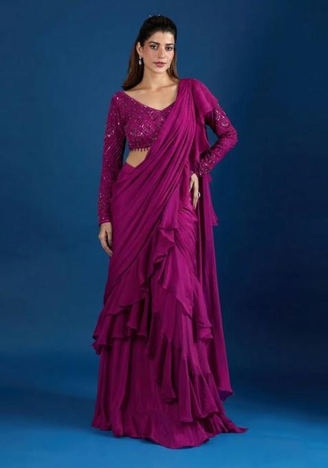 Magenta Hand Work Chinon Pre Draped Saree Set