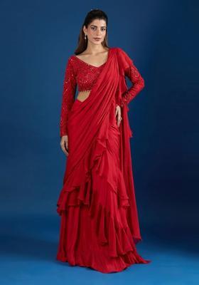 Red Hand Work Chinon Pre Draped Saree Set