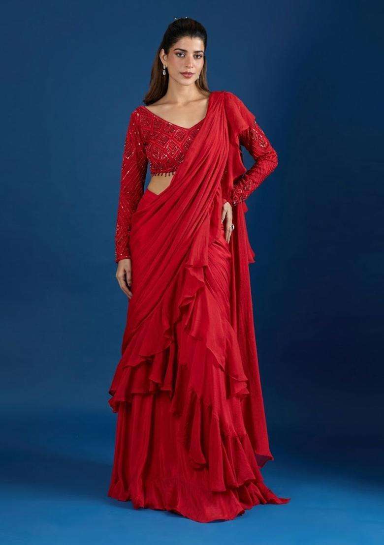 Red Hand Work Chinon Pre Draped Saree Set - Indya