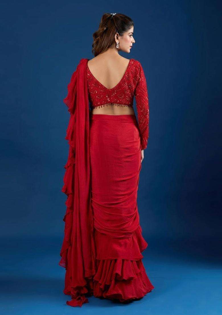 Red Hand Work Chinon Pre Draped Saree Set - Indya