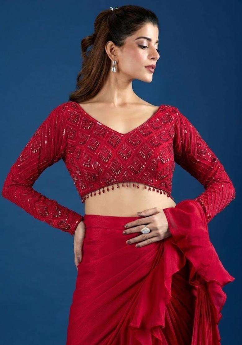 Red Hand Work Chinon Pre Draped Saree Set - Indya