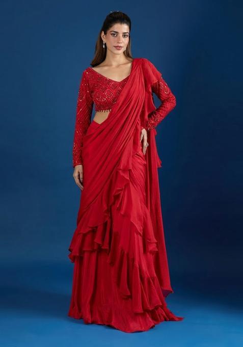 Red Hand Work Chinon Pre Draped Saree Set
