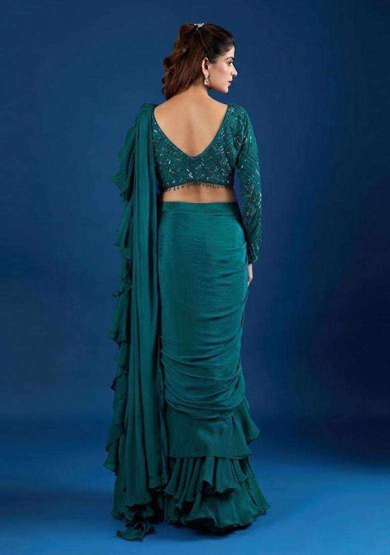 Teal Green Hand Work Chinon Pre Draped Saree Set - Indya