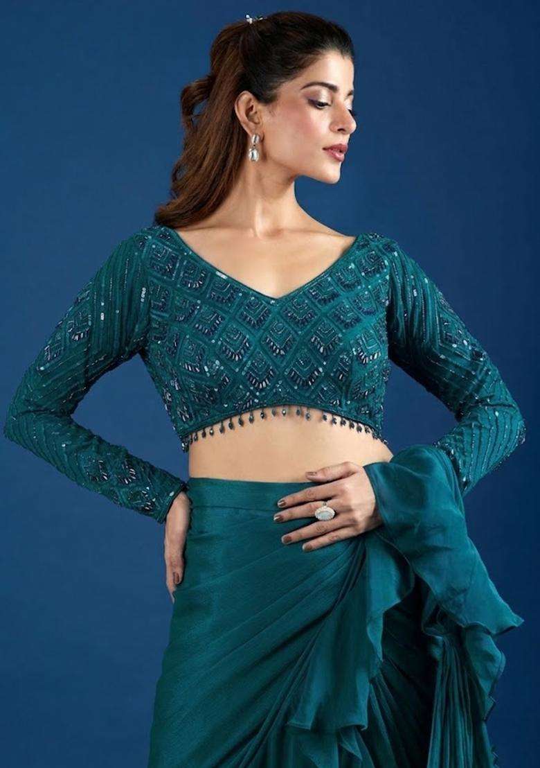 Teal Green Hand Work Chinon Pre Draped Saree Set - Indya