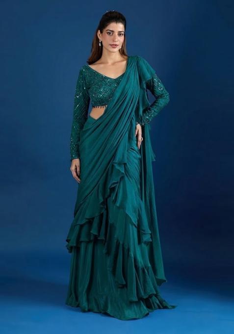 Teal Green Hand Work Chinon Pre Draped Saree Set — view on Indya