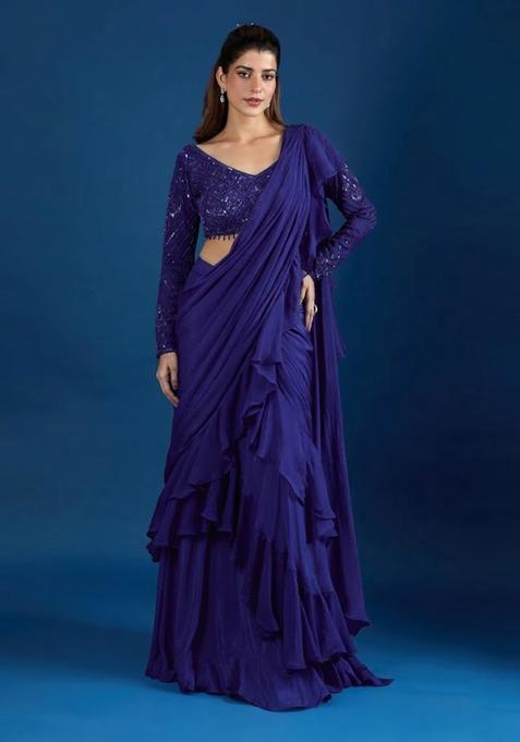 Navy Blue Hand Work Chinon Pre Draped Saree Set