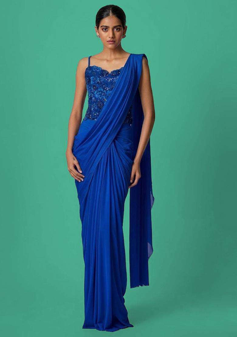 Royal Blue Hand Work Chinon Pre Draped Saree Set - Indya