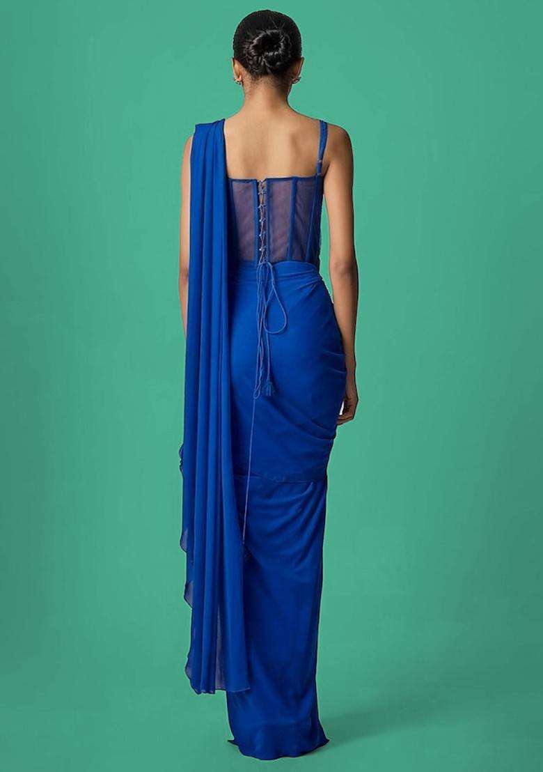 Royal Blue Hand Work Chinon Pre Draped Saree Set - Indya
