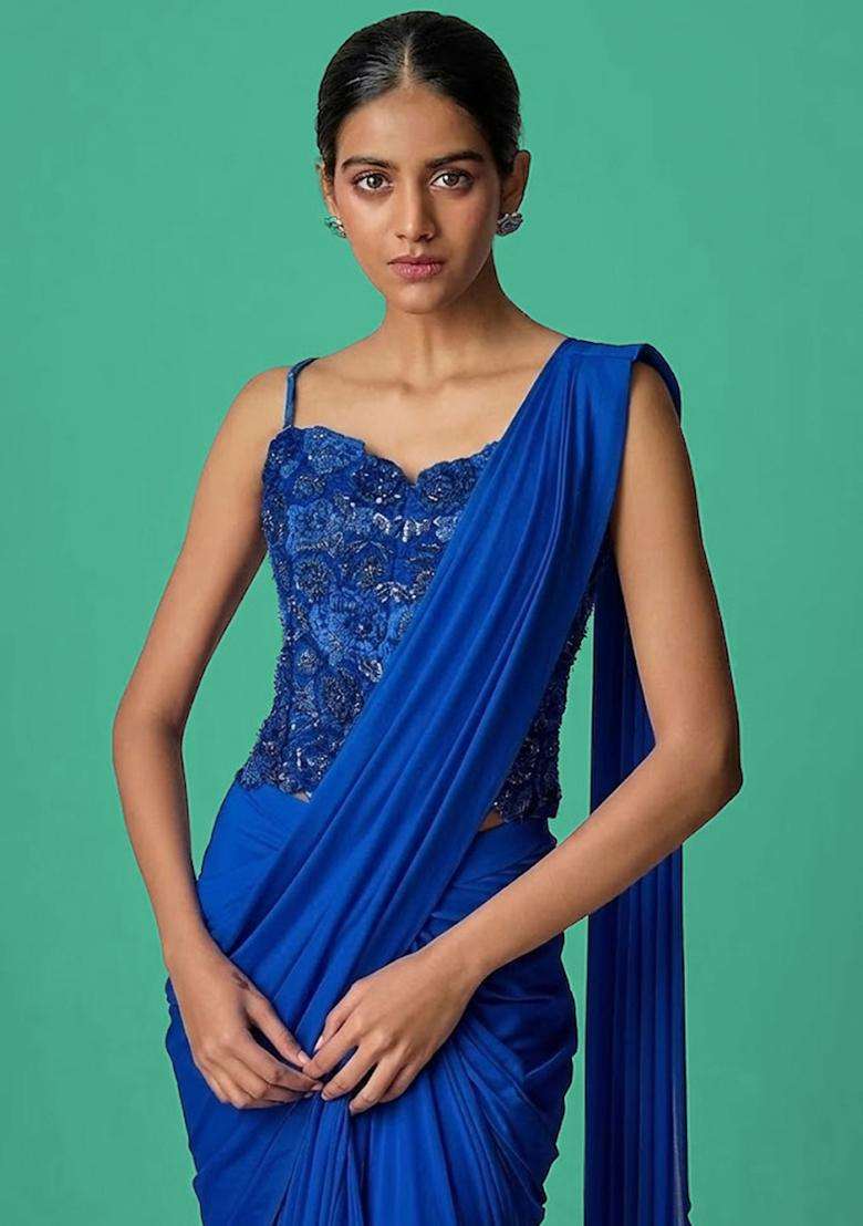 Royal Blue Hand Work Chinon Pre Draped Saree Set - Indya