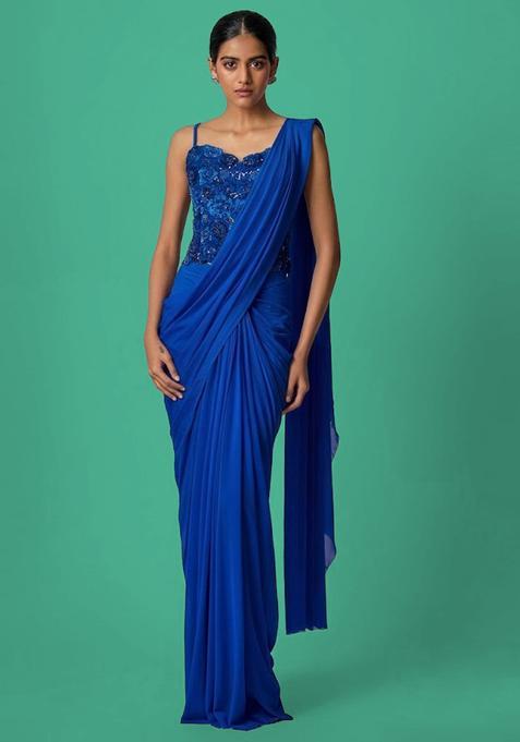 Royal Blue Hand Work Chinon Pre Draped Saree Set