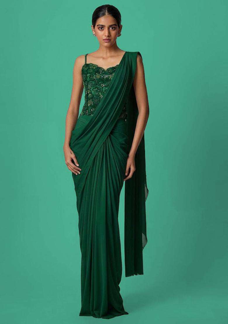 Green Hand Work Chinon Pre Draped Saree Set - Indya