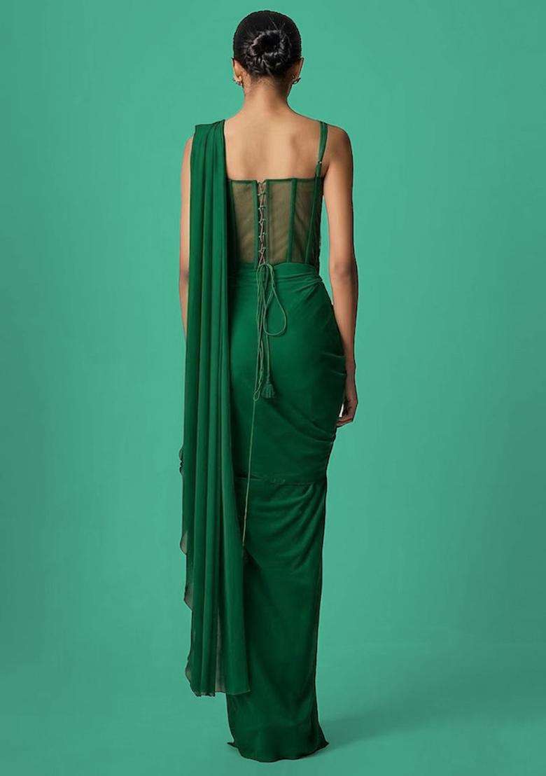 Green Hand Work Chinon Pre Draped Saree Set - Indya