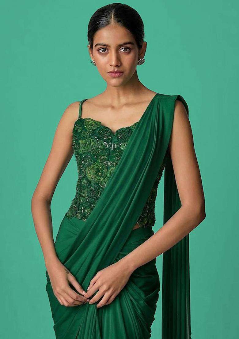 Green Hand Work Chinon Pre Draped Saree Set - Indya