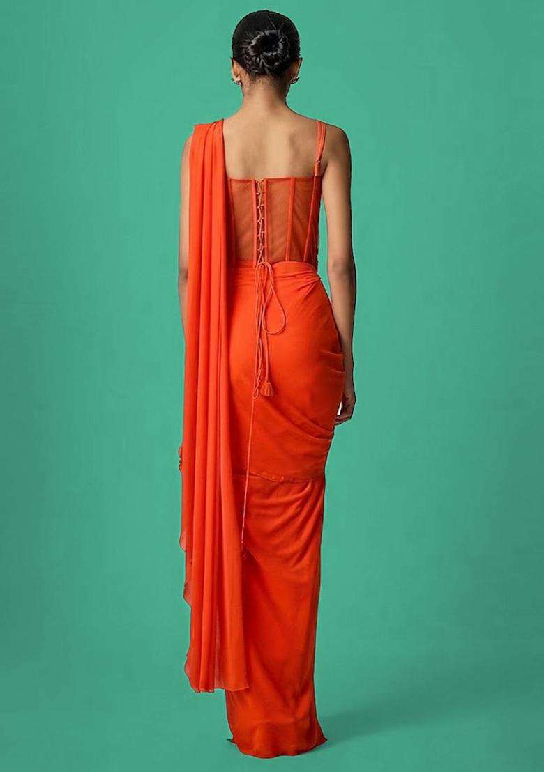Orange Hand Work Chinon Pre Draped Saree Set - Indya