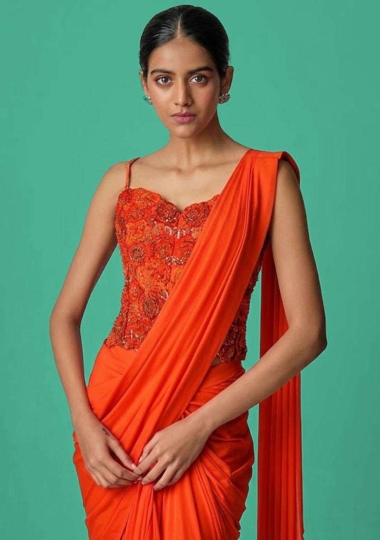 Orange Hand Work Chinon Pre Draped Saree Set - Indya