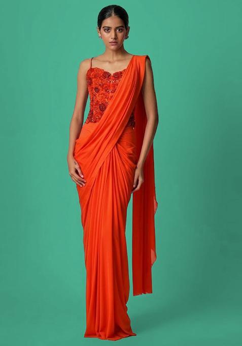Orange Hand Work Chinon Pre Draped Saree Set