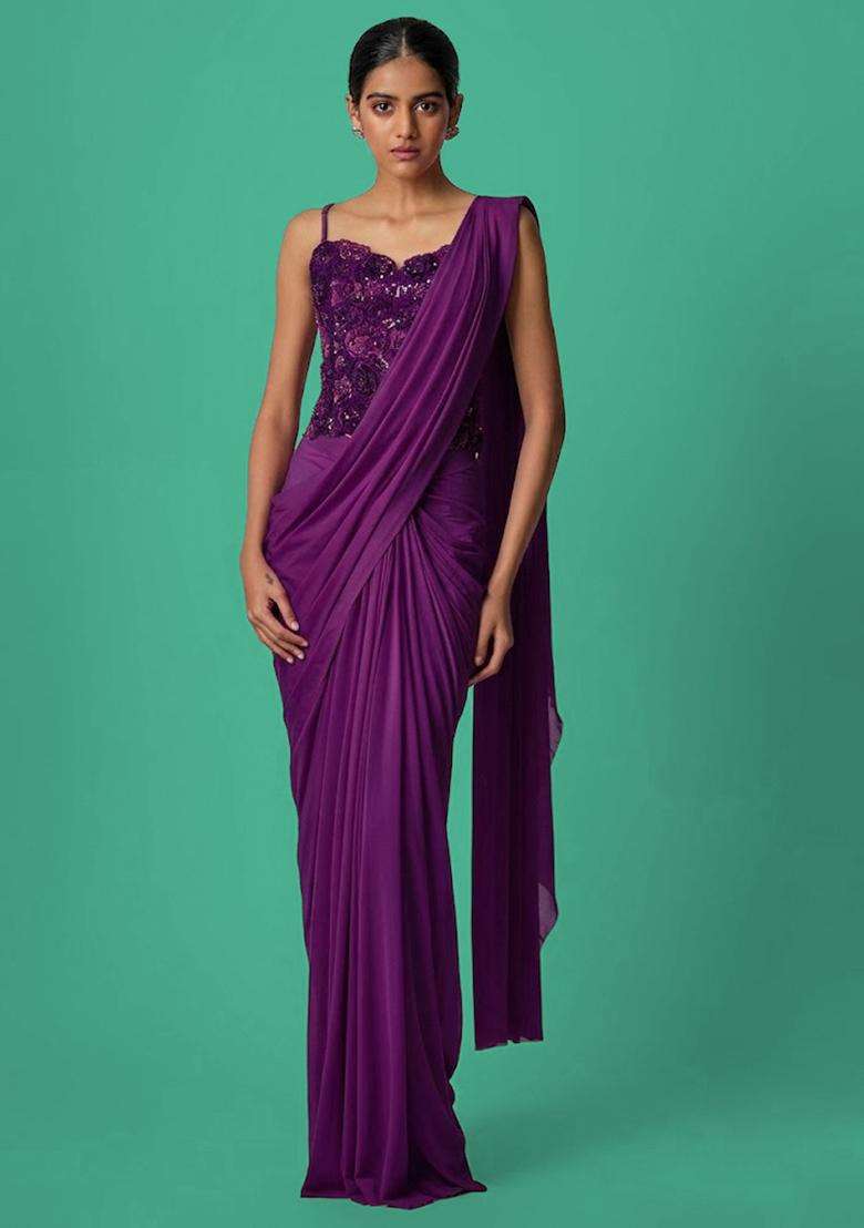 Purple Hand Work Chinon Pre Draped Saree Set - Indya