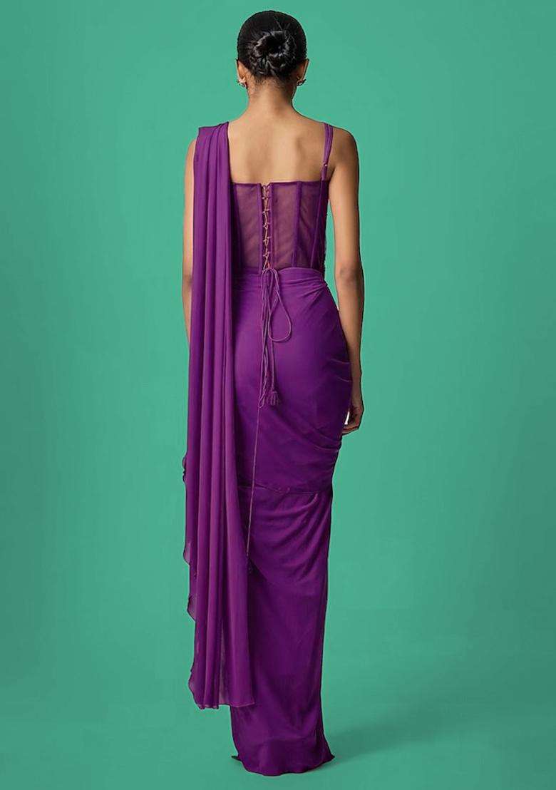 Purple Hand Work Chinon Pre Draped Saree Set - Indya