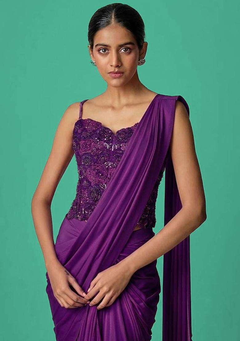 Purple Hand Work Chinon Pre Draped Saree Set - Indya