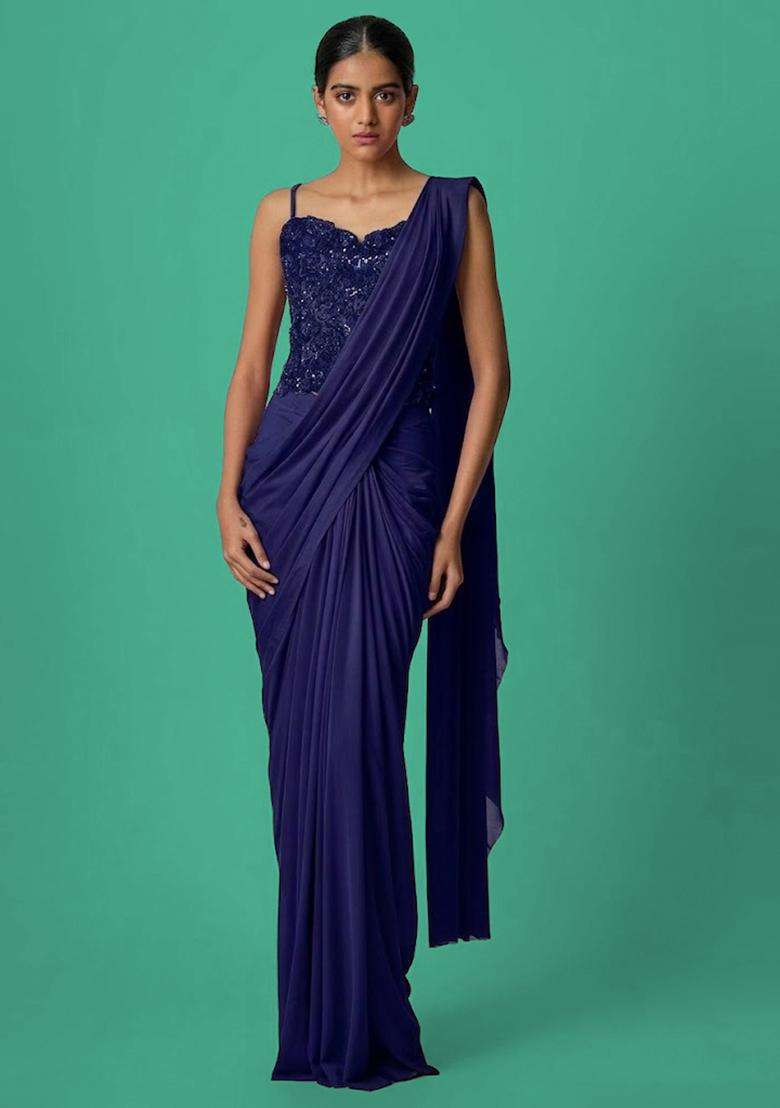 Navy Blue Hand Work Chinon Pre Draped Saree Set - Indya
