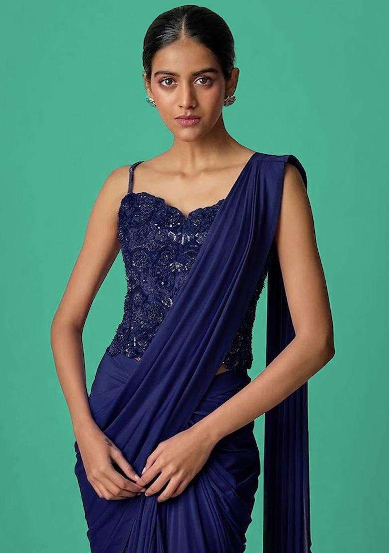 Navy Blue Hand Work Chinon Pre Draped Saree Set - Indya