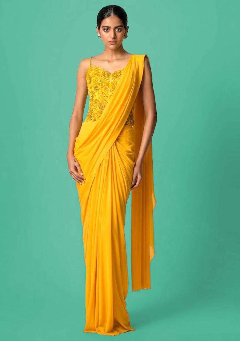 Mustard Hand Work Chinon Pre Draped Saree Set - Indya