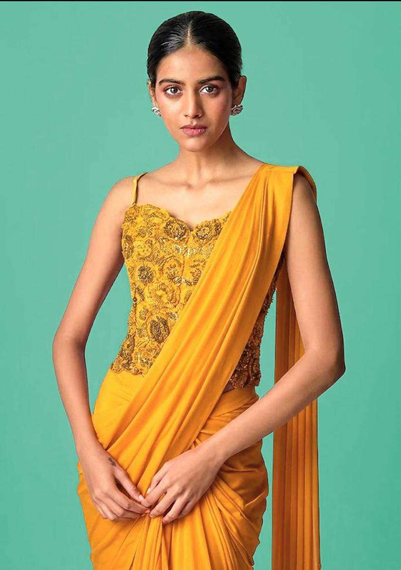 Mustard Hand Work Chinon Pre Draped Saree Set - Indya