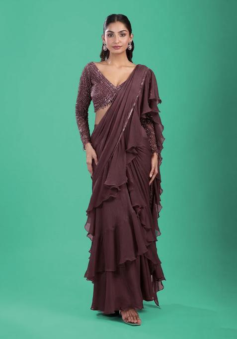 Brown Hand Work Chinon Pre Draped Saree Set