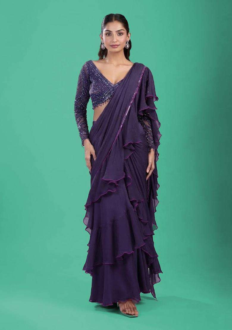 Deep Purple Hand Work Chinon Pre Draped Saree Set - Indya