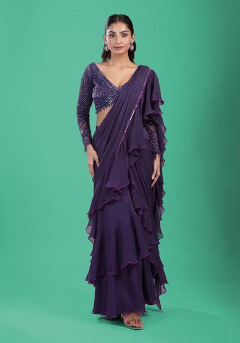 Deep Purple Hand Work Chinon Pre Draped Saree Set
